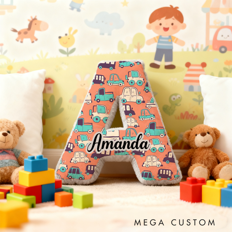 Personalized Cartoon Vehicle Themed Alphabet Pillow with Custom Name Gift for Kids