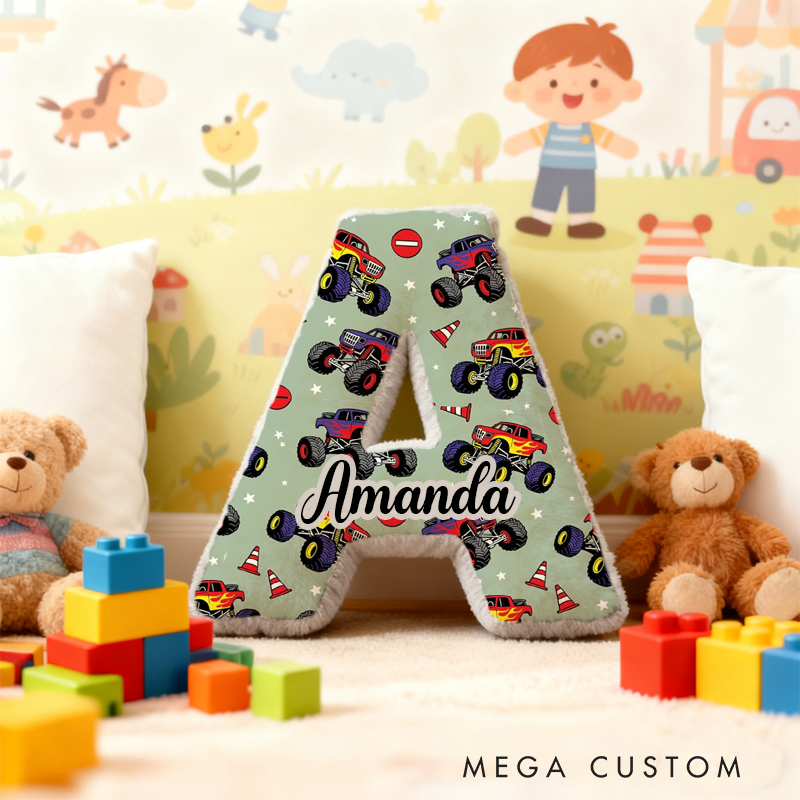 Personalized Monster Truck Vehicle Themed Alphabet Pillow with Custom Name Gift for Kids