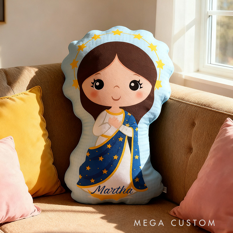 Personalized Cartoon Vergin Mary Pillow with Custom Name Home Decor Religious Gift Catholic for Kids