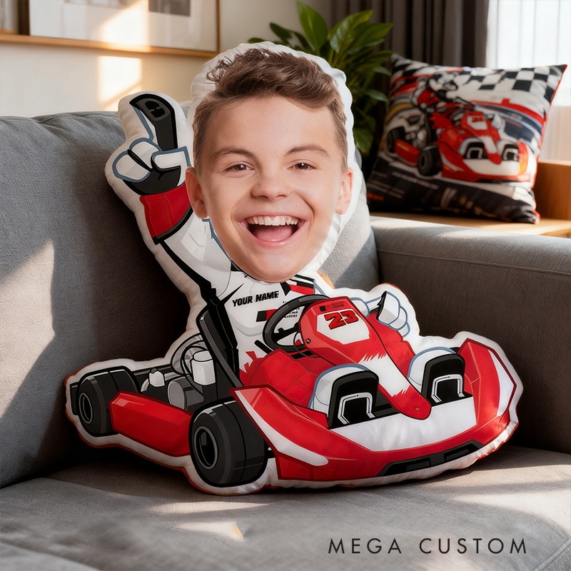 Personalized Kart Racing Custom Face Pillow Custom Name and Color Race Car Driver Shaped Cushion Gift for Kids and Car Lovers
