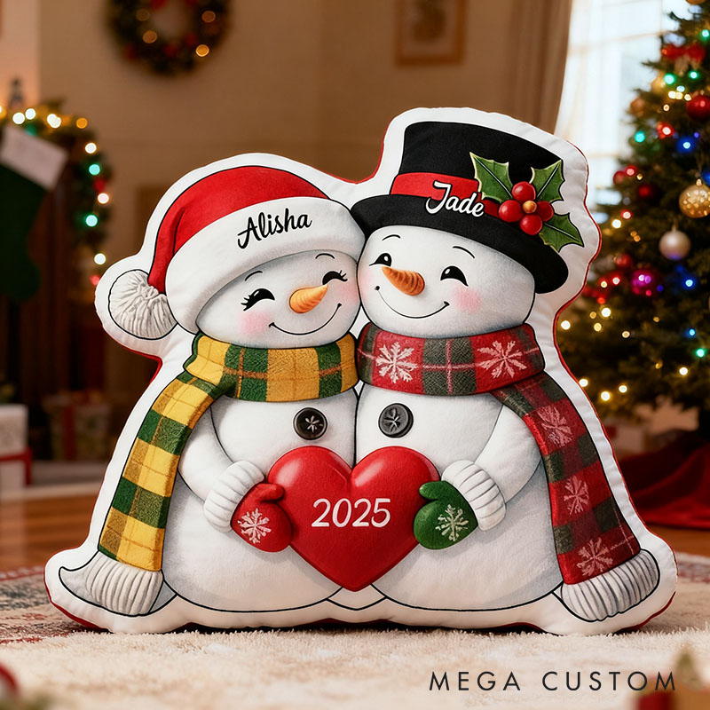 Personalized Couple Snowman Pillow Newlyweds Name Doll Cushion Valentine's Day Pillow for Husband Wife First Christmas Gift for Boyfriend Girlfriend
