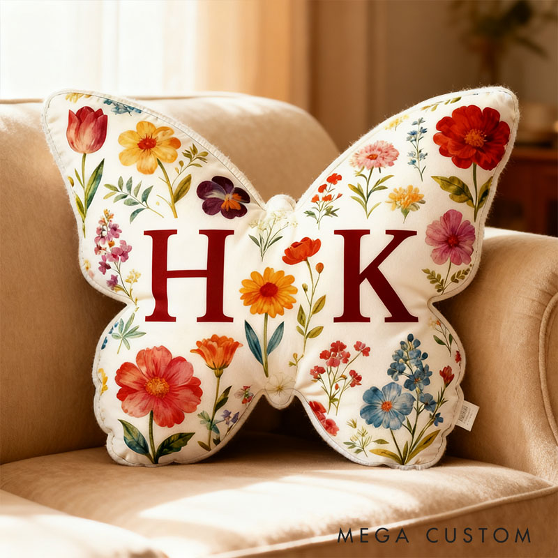 Personalized Couple Butterfly Floral Pillow Newlyweds Initials Cushion Valentine's Day Pillow for Husband Wife Christmas Gift for Boyfriend Girlfriend