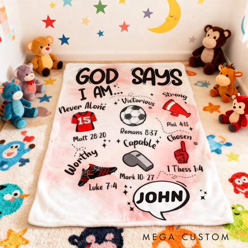 Personalized Football God Says I Am Soft Throw Blanket with Bible Verse Home Decor Birthday Gift for Boys Girls