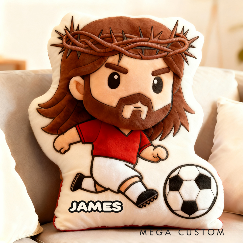 Personalized Cartoon Football Jesus Pillow with Custom Name Home Decor Religious Gift Catholic for Kids