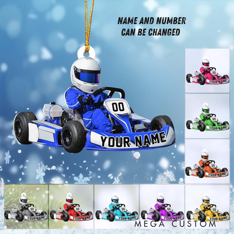 Personalized Go Kart Racing Ornament Custom Name and Number Christmas Acrylic Decoration Gift for Race Car and Kart Lovers