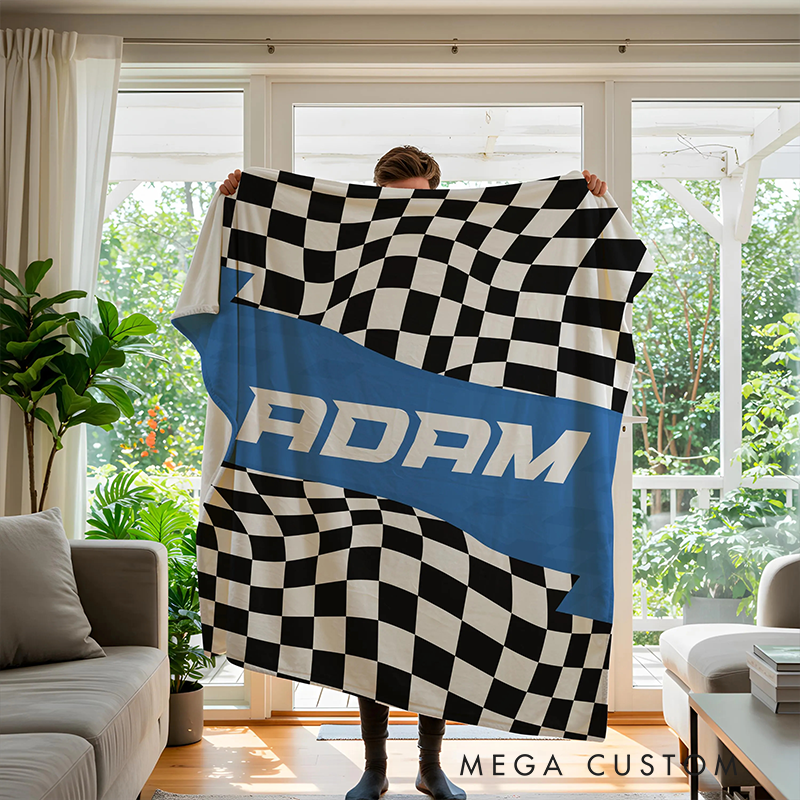 Personalized checkered Flag Blanket Custom Name Blanket Gift for Racer and Racing Lovers