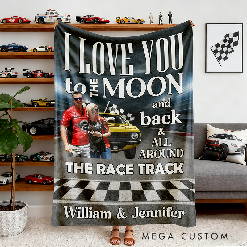 Personalized Racing Couple Blanket Custom Photo and Car Design I Love You to The Moon and Back Race Track Gift for Racers and Racing Lovers