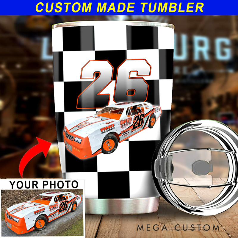 Personalized Dirt Track Racing Tumbler Custom Photo and Number Stainless Steel Travel Mug Gift for Racers and Racing Lovers