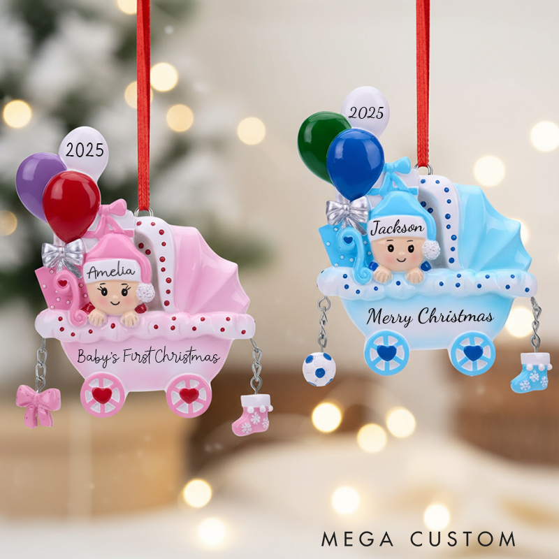 Personalized Baby’s First Christmas Ornament 2025 Pink and Blue Baby Carriage Decoration