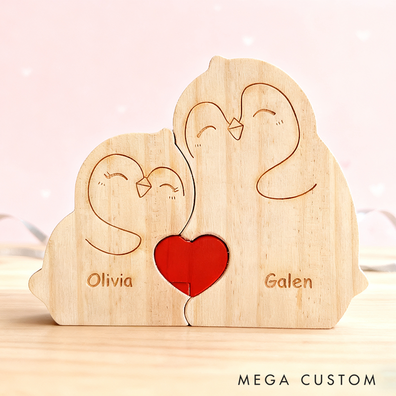 Personalized Wooden Penguin Couple Puzzle Custom Name Fat Penguin Couple Wedding Gift for Wife Husband