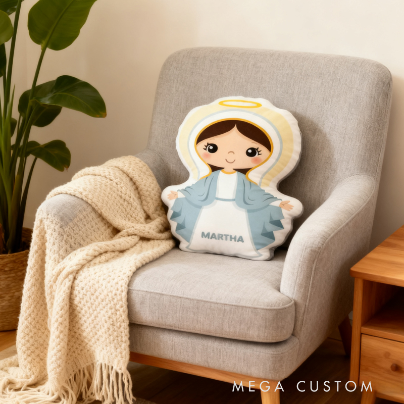 Personalized Cartoon Vergin Mary Pillow with Name Home Decor Religious Gift Catholic for Kids