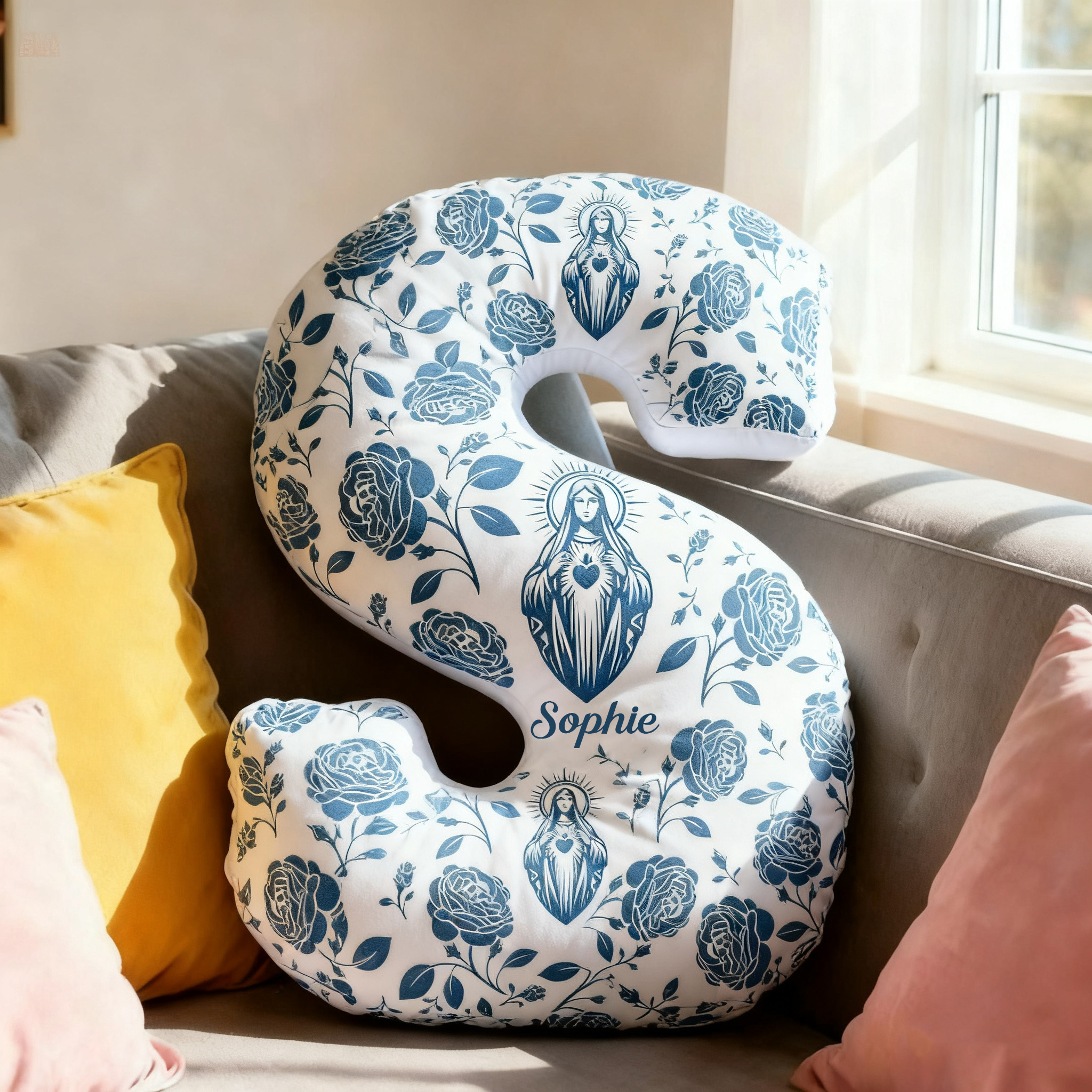 Personalized Virgin Mary Letter Pillow with Custom Name Home Decor Letter Pillow Religious Gift Catholic Gift for Women