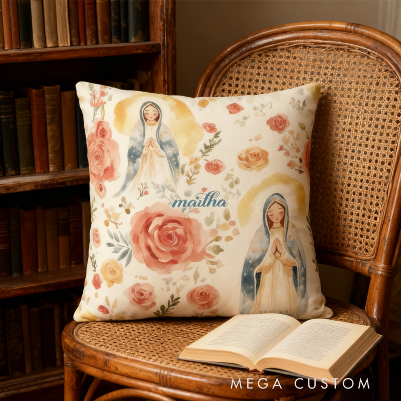 Personalized Vergin Mary Pillow Throw Pillow Cover with Name Home Decor Christian Gift for Family Gift for Jesus Lover