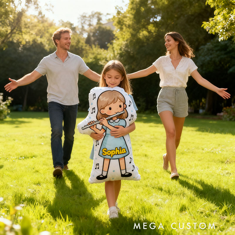 Personalized Flute Pillows with Customizable Skin Tone Hair Color and Name Soft Stuffed Toy for Kids Flute Lovers for Girls' Room and Music Room