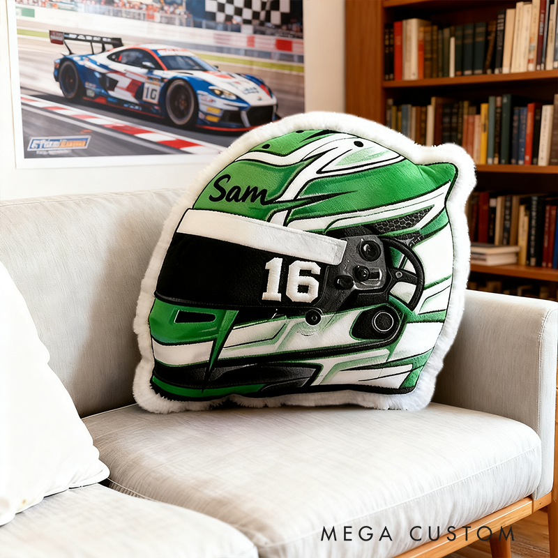 Personalized Racing Helmet Shaped Pillow Custom Name Race Car Design Cushion Gift for Motorsports and Racing Lovers