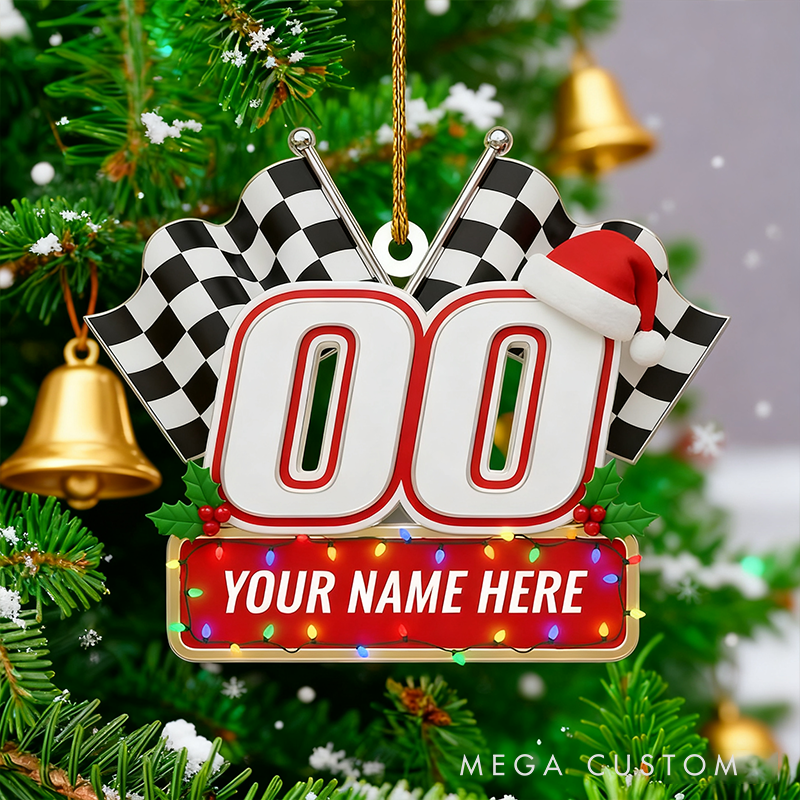 Personalized Racing Christmas Ornament Custom Name and Number Checkered Flag Decoration Gift for Car Lovers and Motorsports Fans