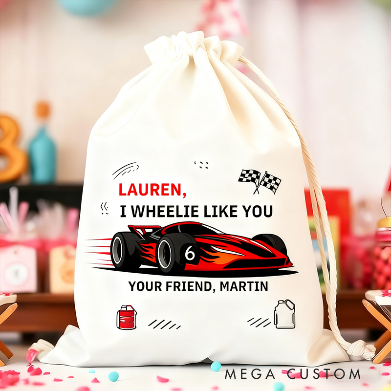 Personalized Racing Gift Sack Custom Name and Message Race Car Drawstring Bag Christmas Gift Bag for Racing and Car Lovers
