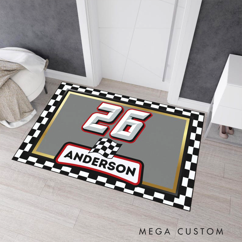 Personalized Racing Doormat Custom Name and Number Checkered Flag Floor Mat Gift for Car Lovers and Motorsport Fans