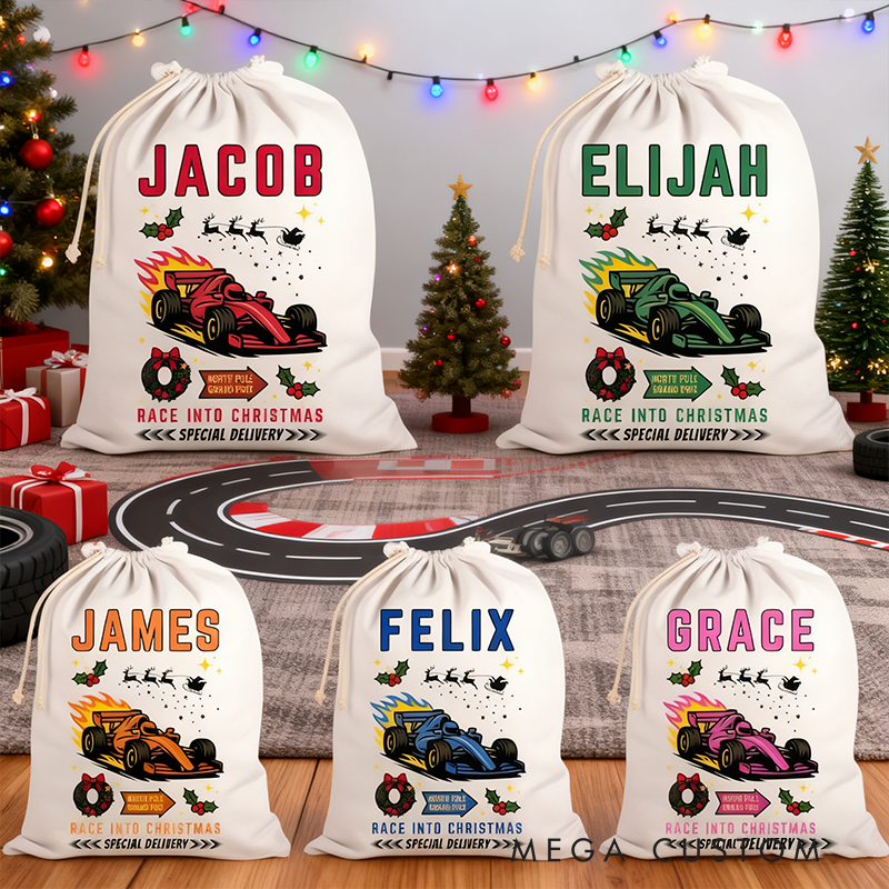 Personalized Racing Christmas Sack Custom Name and Car Color Gift Bag for Racing and Car Lovers