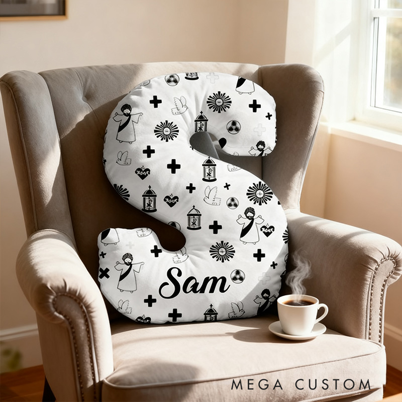 Personalized Jesus Cross Letter Pillow with Custom Name Home Decor Religious Pillow Catholic Gift Faith Gift