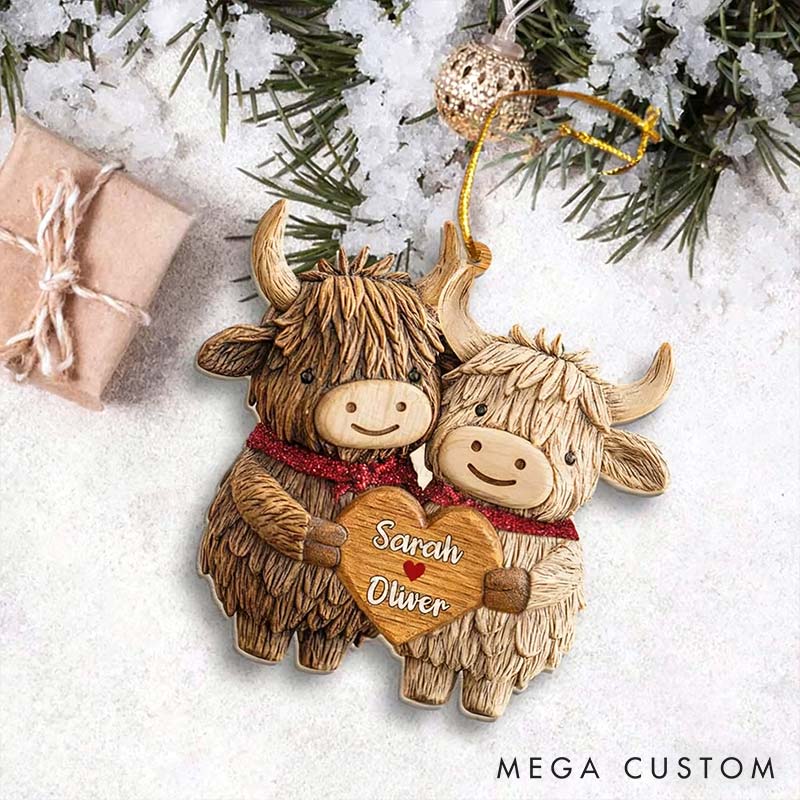 Personalized Couple Highland Cow Christmas Tree Ornament Decoration with Names for Lover Keepsake Gift for Husband Wife