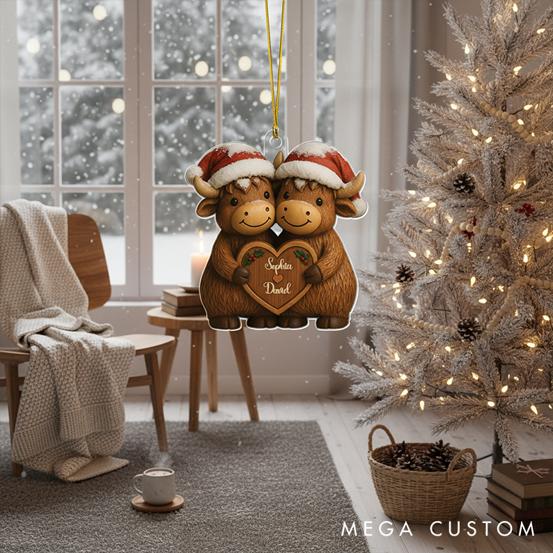 Personalized Couple Highland Cow Christmas Tree Ornament Decoration with Names Santa hat Highland Cow Chrismas Gift for Husband Wife