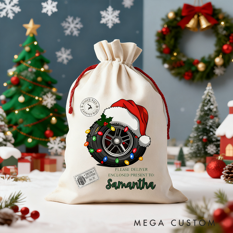 Personalized Racing Christmas Sack Custom Name Christmas Gift Bag for Car Lovers and Motorsport Fans