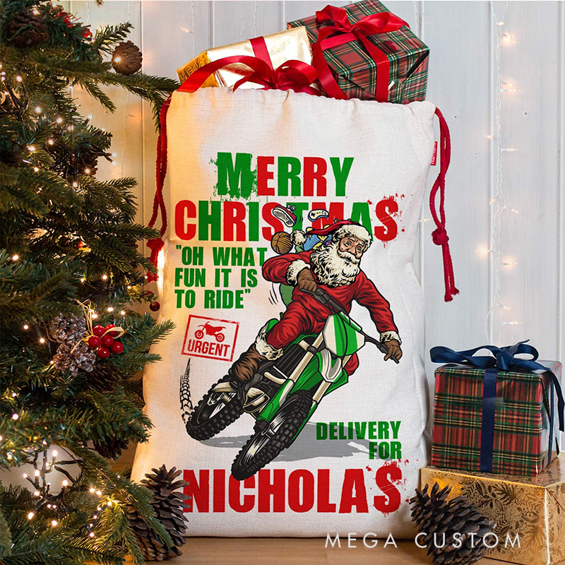 Personalized Motorcycle Santa Christmas Sack Custom Name Gift Bag for Bikers and Racing Lovers
