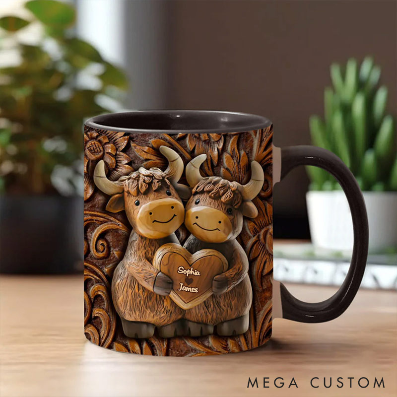 Personalized Highland Cow Couple Mugs Costom Names Couple Gift Mug for Boyfriend Girlfriend Funny Couple Mugs