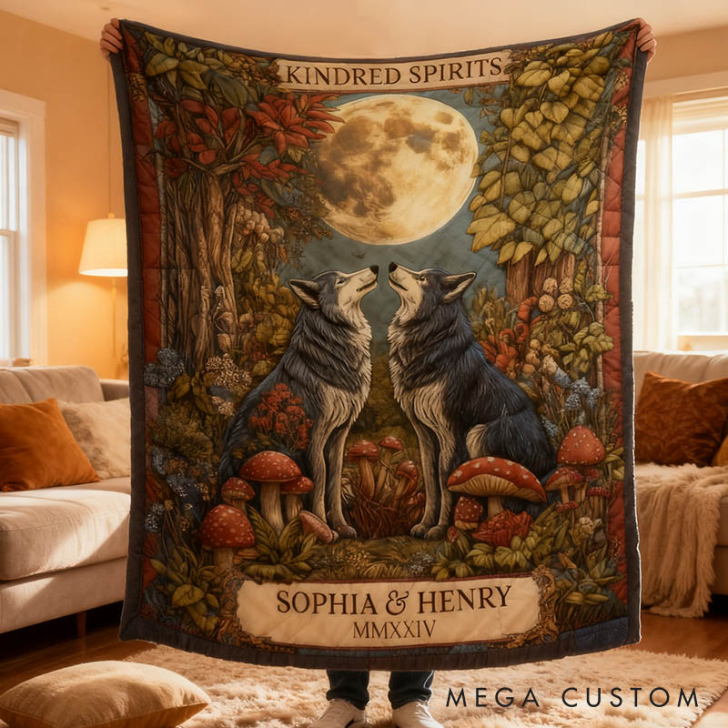 Personalized Couple Wolf Kindred Spirits Blanket Custom Newlyweds Name and Roman Numerals Blanket Valentine's Day Gift for Husband Wife Bride Groom