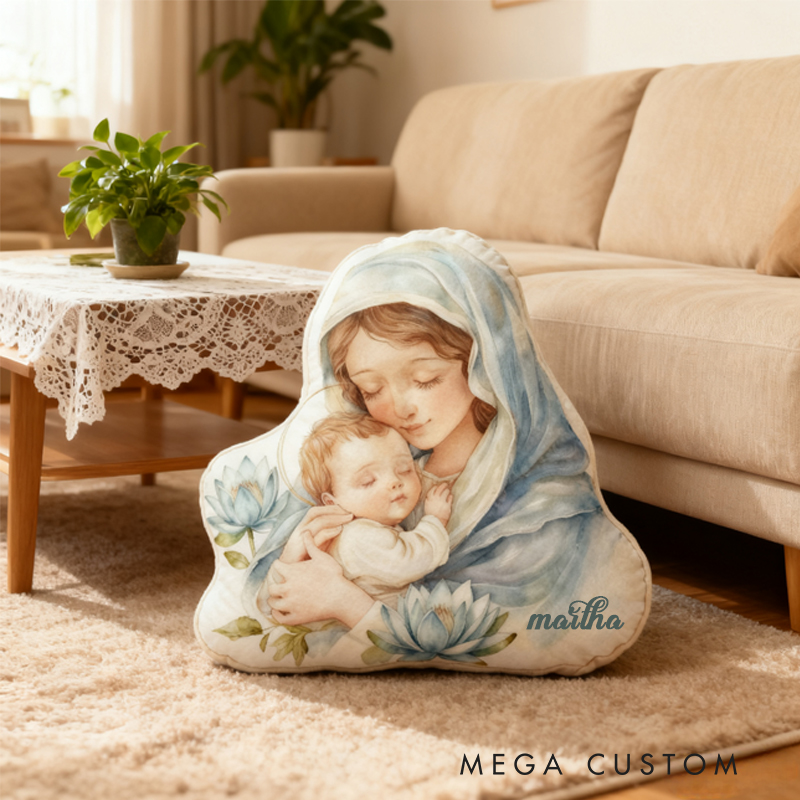 Personalized Virgin Mary Throw Pillow with Birthflower and Name Home Decor Religious Pillow Catholic Gift Faith Gift Mass Pillow