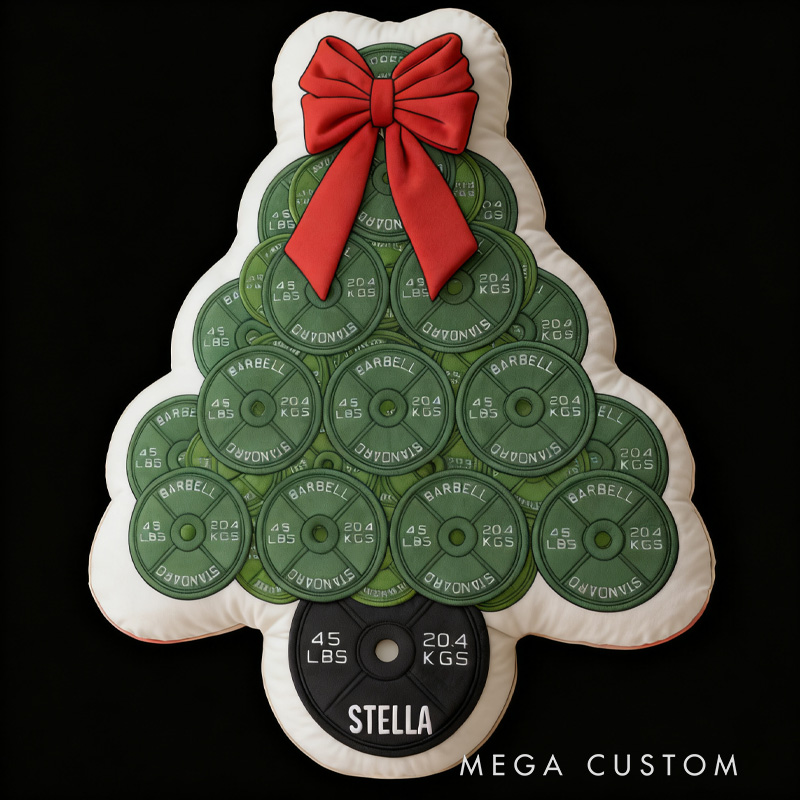 Personalized 45lb Plate Christmas Tree Plush Pillow Graphic 3D Print Gift Ideas Powerlifter Christmas Cute Gifts Custom Name Pillow Comfortable Christmas Decor for Gym Lovers