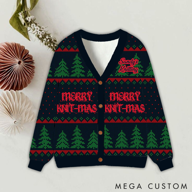 Personalized Custom Knitting Ugly Sweater Cardigan Christmas Knitting Lovers Merry Knit-mas Custom Name Gift for Her