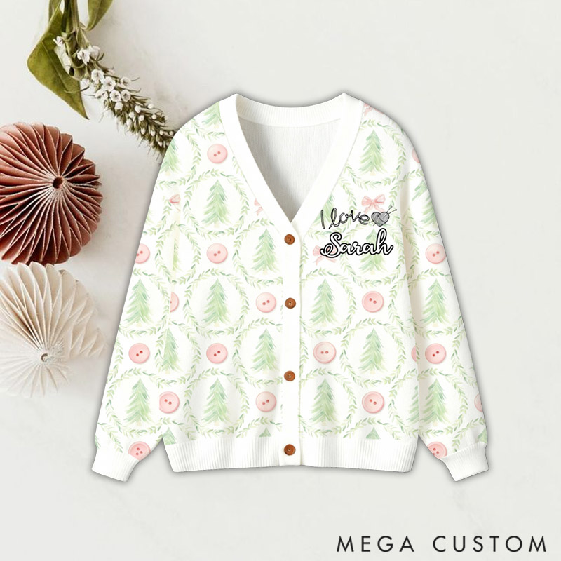 Personalized Custom Knitting Ugly Sweater Cardigan I Love Knitting Button Custom Name Gift for Her