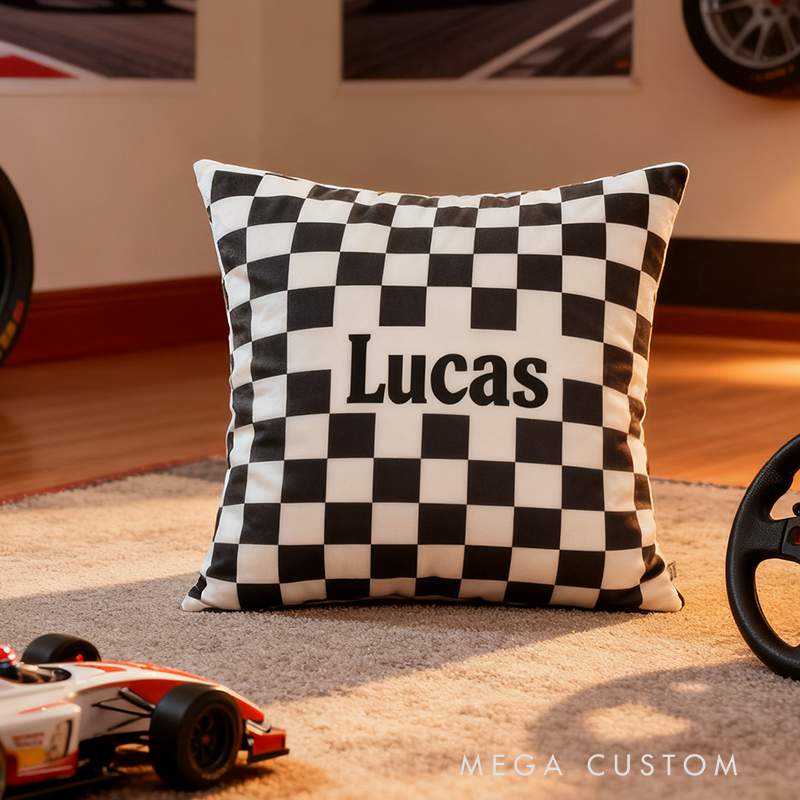Personalized Checkered Flag Racing Throw Pillow Custom Name Black and White Cushion Gift for Racers and Racing Lovers
