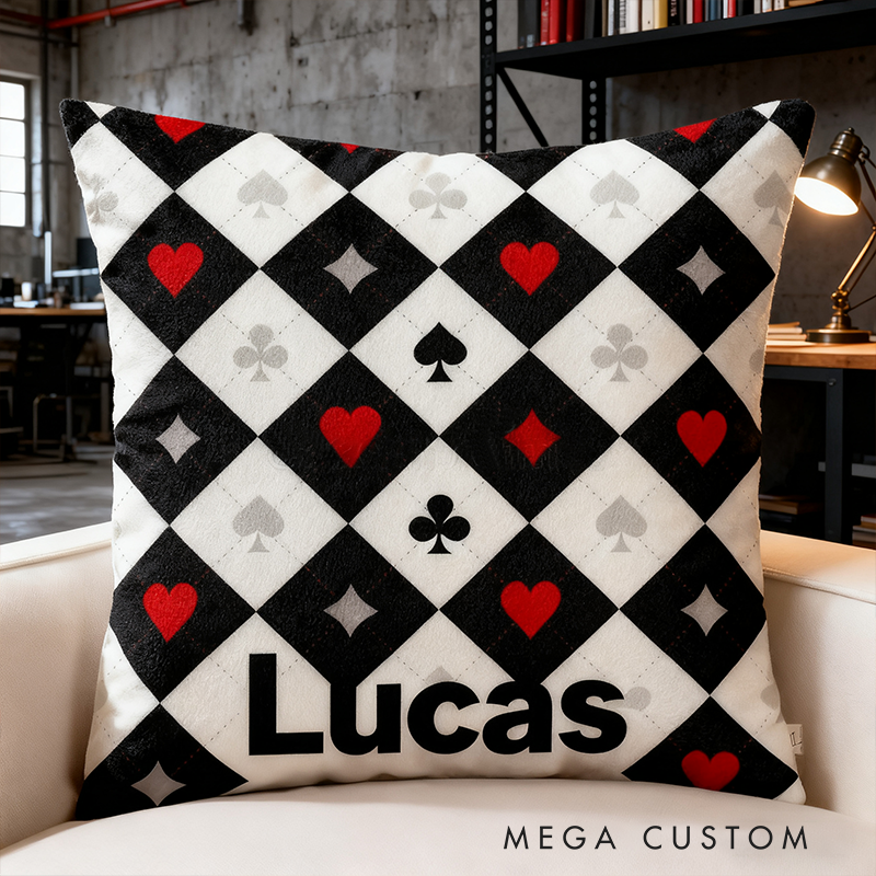 Personalized Checkered Racing and Poker Throw Pillow Custom Name Black White Cushion Gift for Car Lovers and Racing Enthusiasts