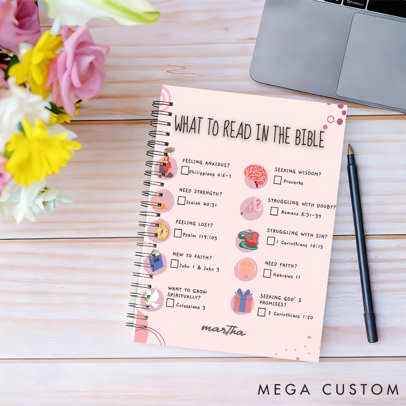Personalized What to Read in the Bible A5 Spiral Notebook with Name Religious Baptism Gift Mother's Day Gift Birthday Gift for Christian Women