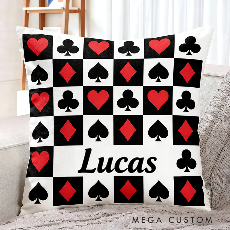 Personalized Poker and Racing Checkered Pillow Custom Name Black and White Throw Cushion Gift for Racers and Racing Lovers
