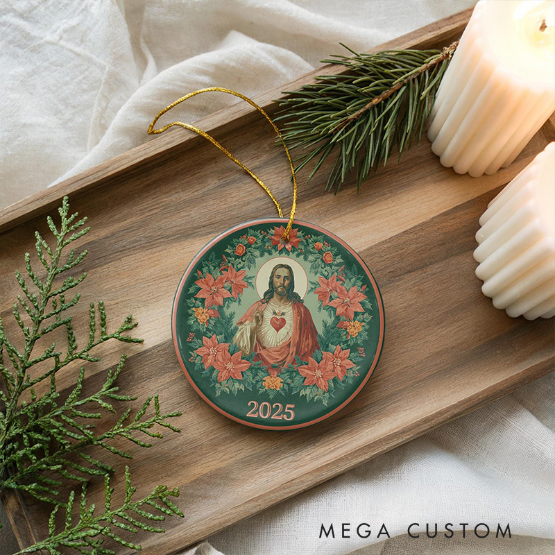 Personalized Sacred Heart of Jesus Ceramic Ornament with Year Religious Gift Christmas Home Decor Catholic Gift