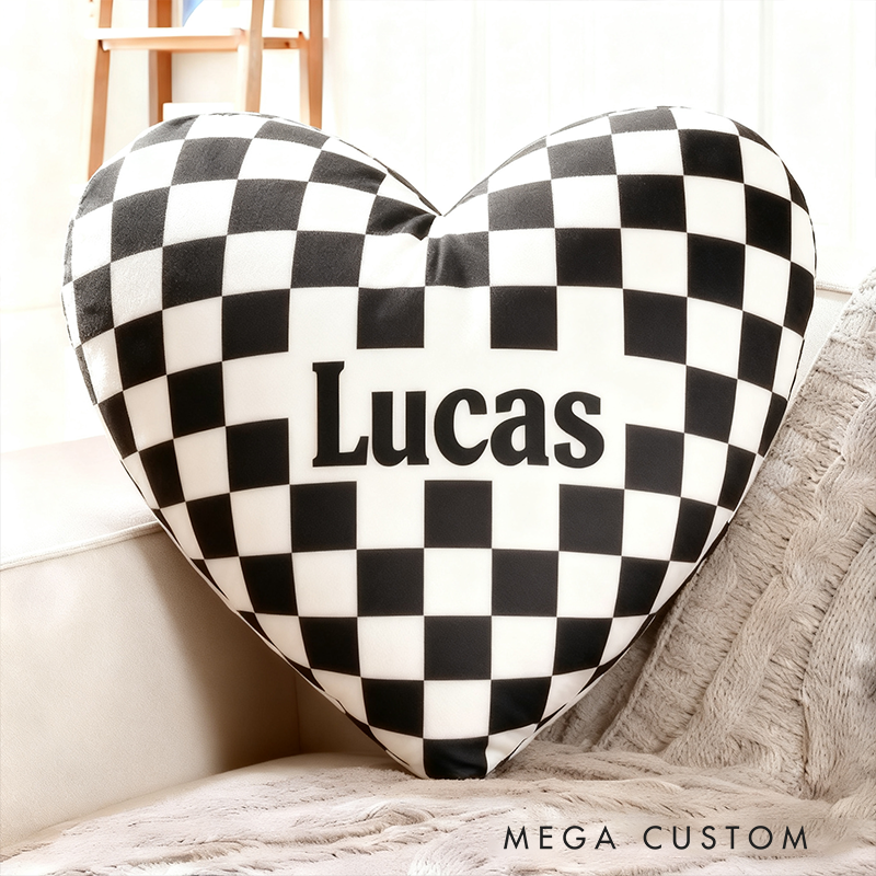Personalized Heart Shaped Racing Checkered Pillow Custom Name Black and White Cushion Gift for Racing and Car Lovers