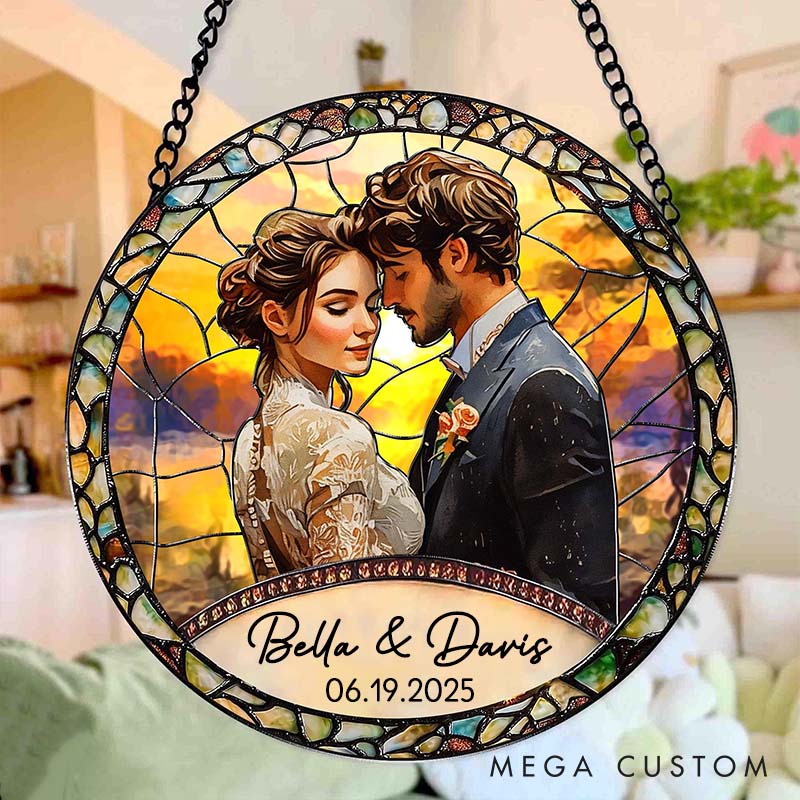 Personalized Couple Stained Glass Photo Suncatcher Newlyweds Portrait Window Hanging Decor Anniversary Gift for Husband Wife Boyfriend Girlfriend