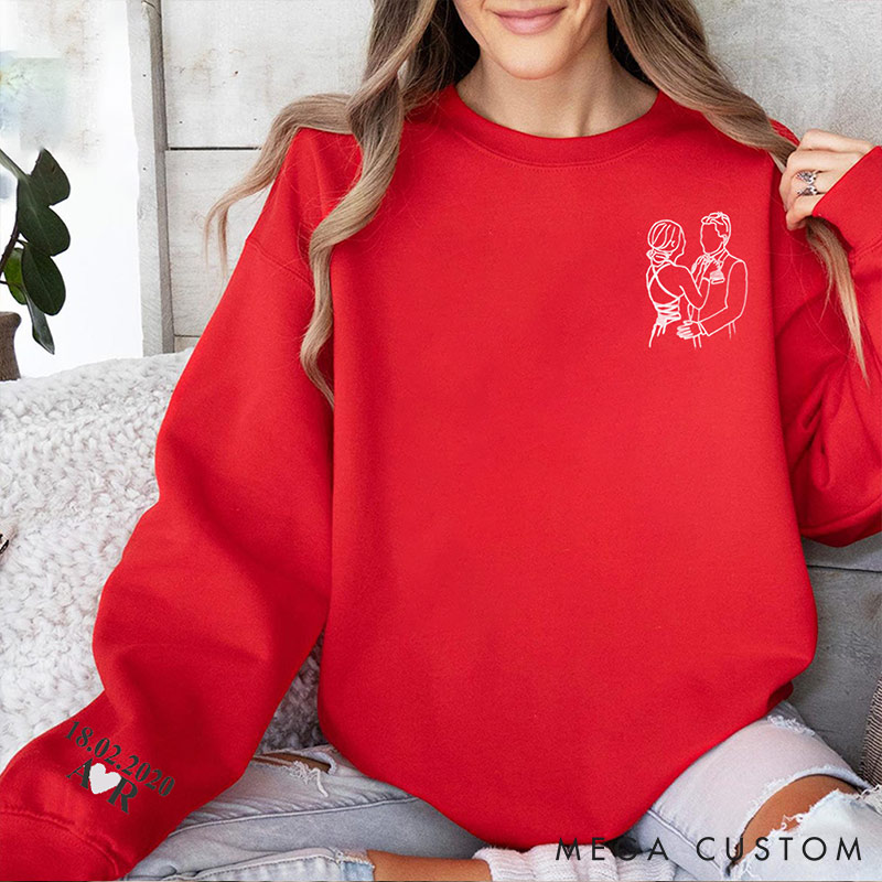 Personalized Custom Photo Line Drawing couple Sweatshirt Custom Initial for Couple Anniversary Valentine's Gift for Wife Holiday Top Cloth for Wife