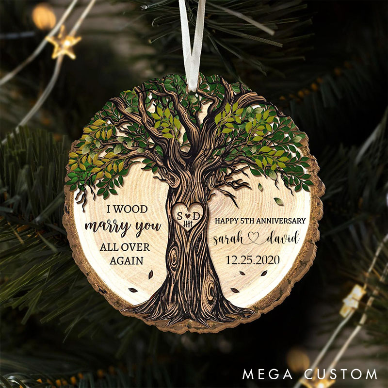 Personalized 5th Anniversary Wooden Ornament Wood Anniversary Gift for Couples Husband Wife 5 Years Anniversary Wood Ornament