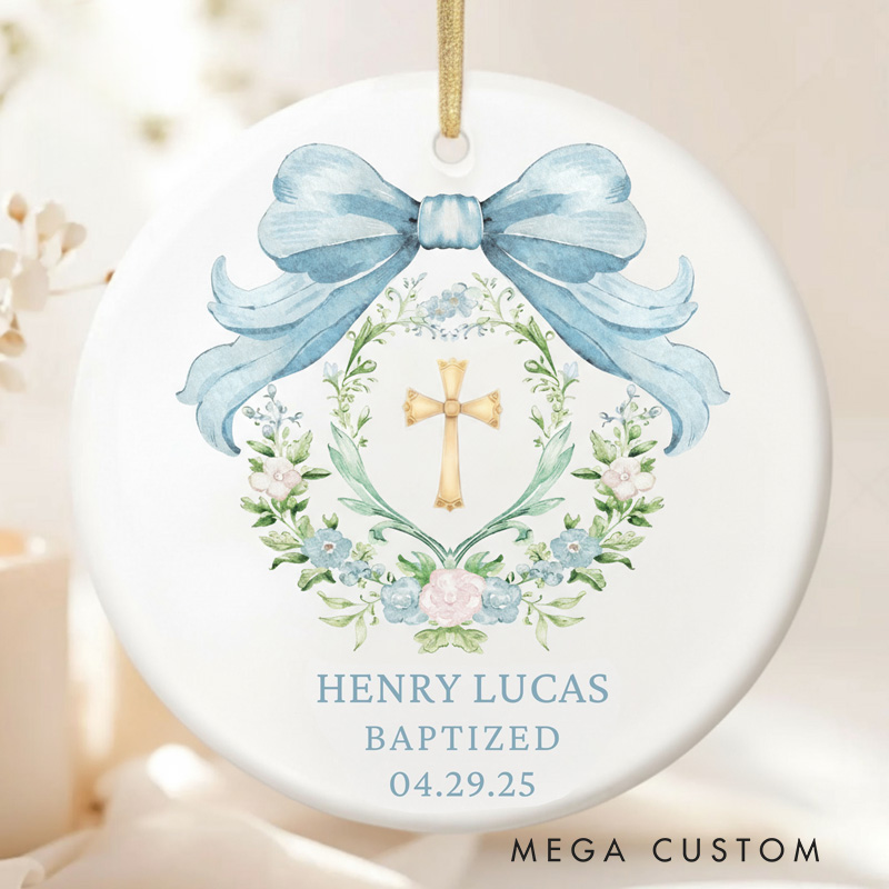 Personalized Cross Bow Ceramic Ornament with Name and Text Religious Gift Baptism Ornament Home Decor for Girls