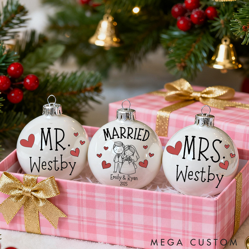Personalized Mr and Mrs Matching Christmas Ball Ornament Our First Christmas Ornament Set For Newlywed Couple Wedding Ornament Keepsake