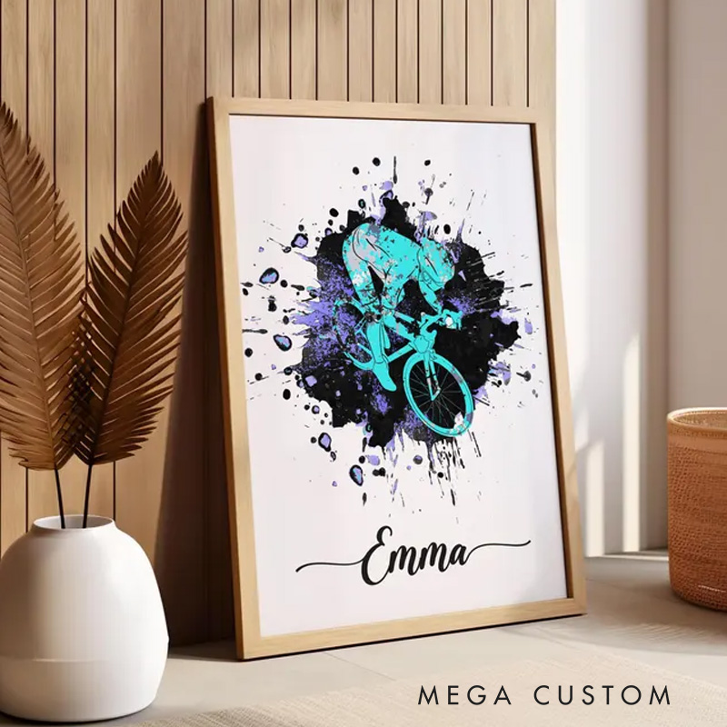 Personalized Biker Portrait Young Cyclist in Action Bike Riding Bicycle Gifts Customizable First Name And Colors Present for Cycling Lovers