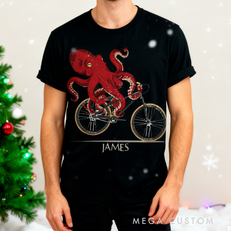 Personalized Octopus Riding Bicycle T-Shirt for Funny Kraken Graphic Tee Cyclist Biker Rider Cycling Lovers