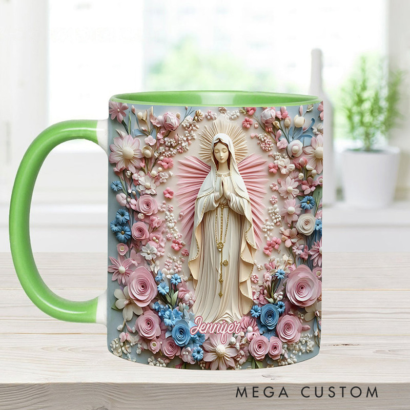 Personalized Floral Serenity of Mary Ceramic Mug with Name Religious Inspirational Gift Catholic Gift for Women