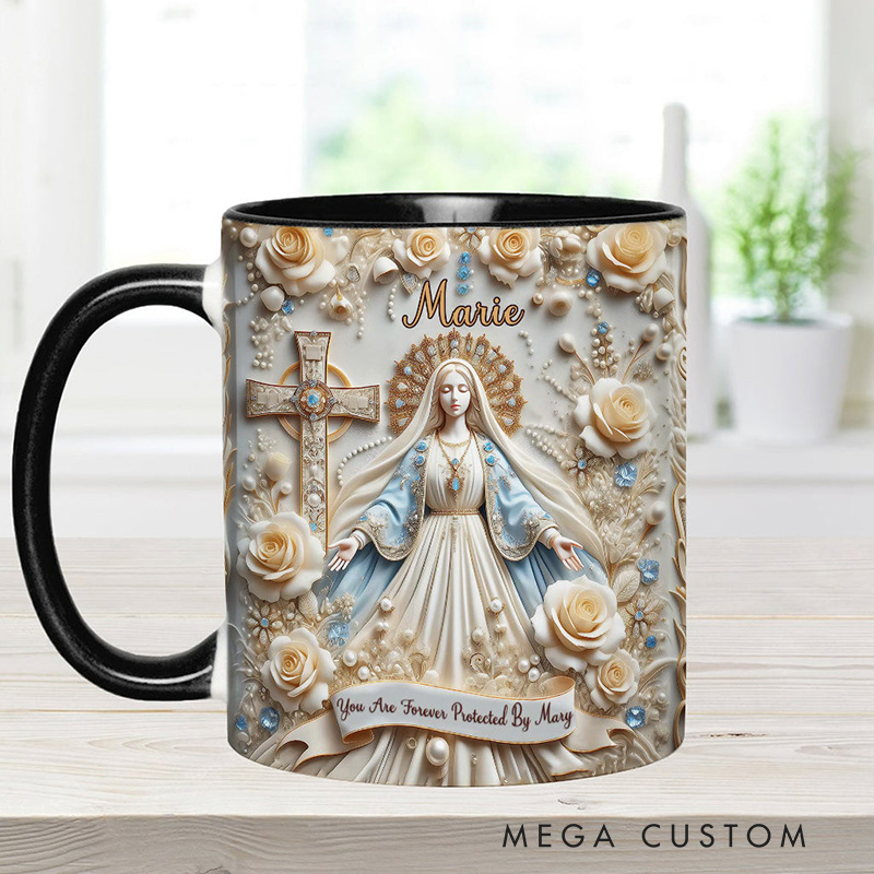 Personalized you are Forever Protected by Mary Ceramic Mug with Name Religious Inspirational Gift Catholic Gift for Women