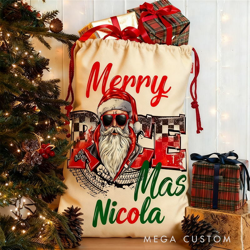 Personalized Merry Race Mas Santa Sack Custom Name Racing Christmas Gift Bag for Racers and Racing Lovers